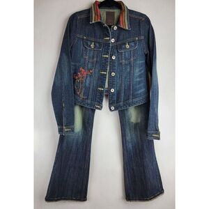 Street Denim Wms Large Japan Embroidered Made USA Denim Jacket & Jeans Flare Set